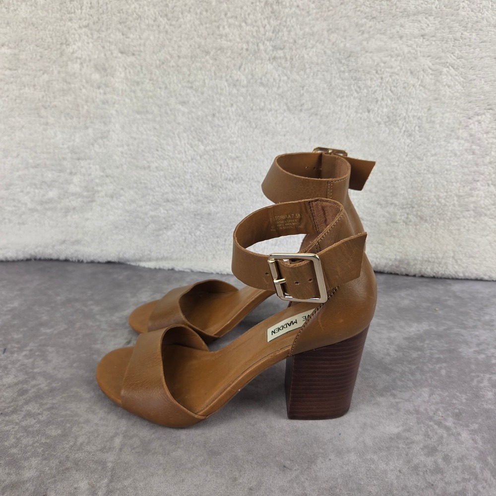Steve Madden Astoriaa Tan Leather Ankle Strap Block Heel Sandals 7.5M